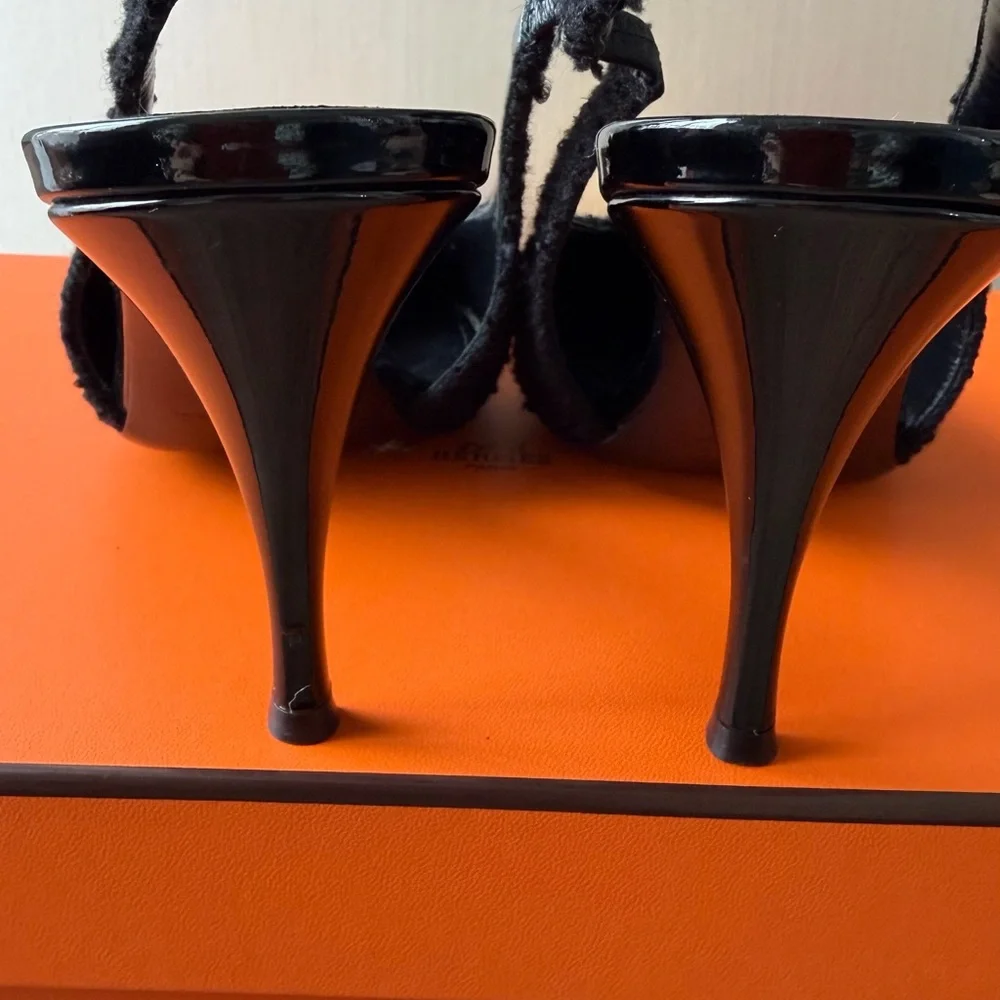 Saint Laurent Vesper Black Tweed Slingback Pointed-Toe Heels w/Gold Cap Toe 37 - Picture 3 of 7